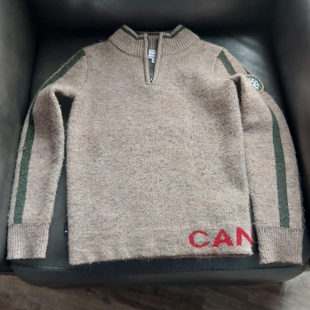 a.n.a Tan Knit Half-Zip Sweater with Green Stripe and Red CAN Detail